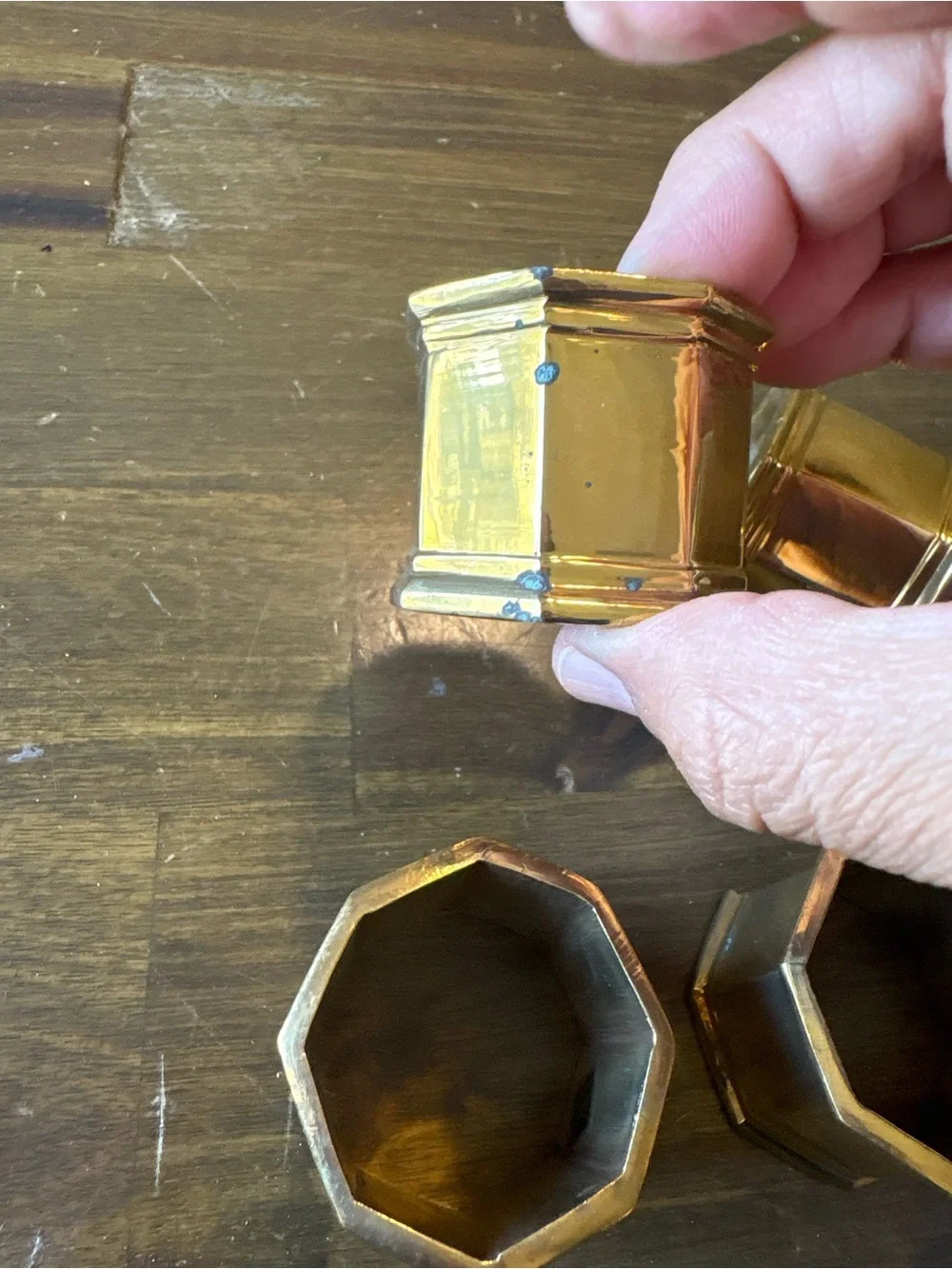 Vintage Brass Hexagon Napkin Rings Set 4 Made In India MCM Hollywood Regency